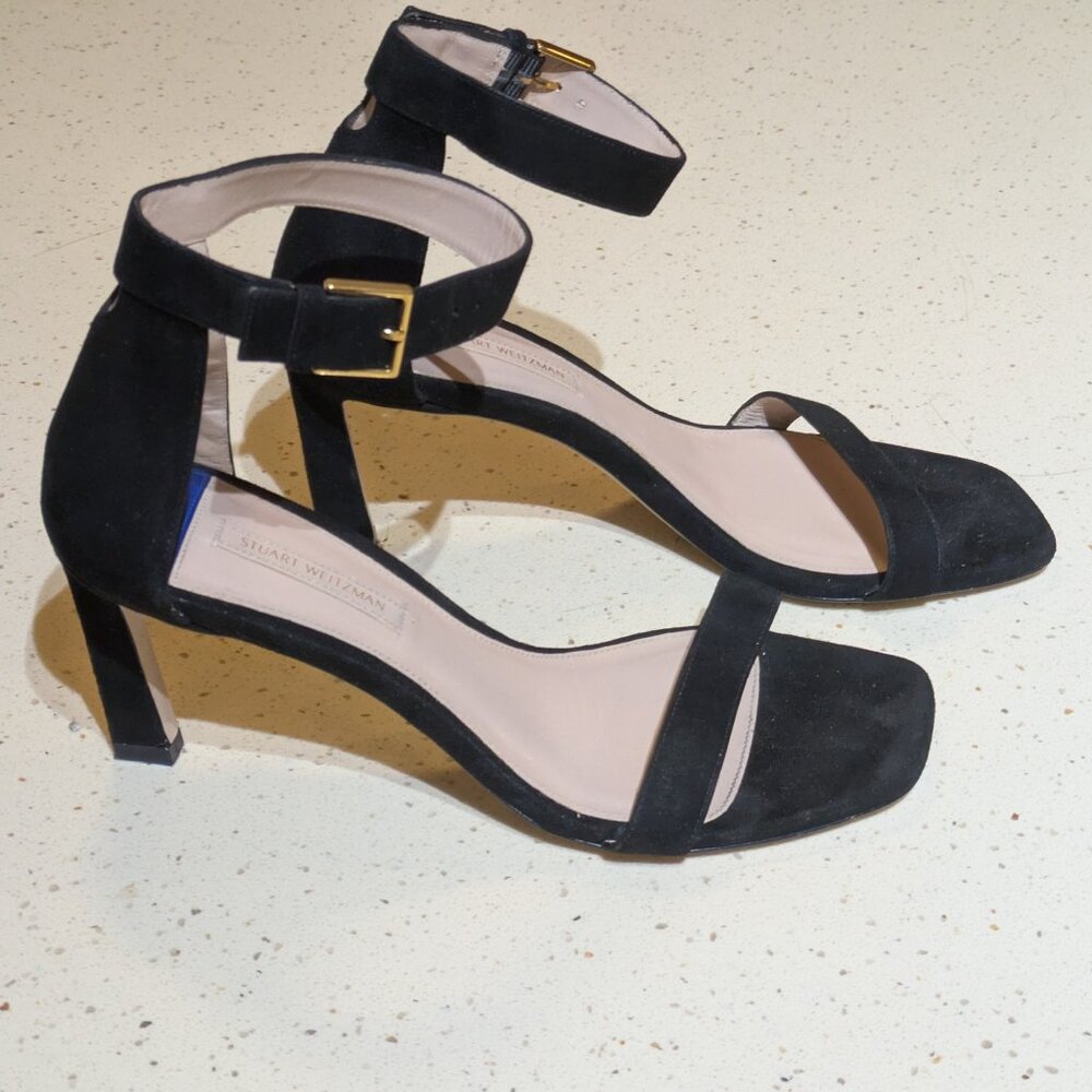 Stuart Weitzman Black Suede Heel Sandal With Ankle Strap Size 7